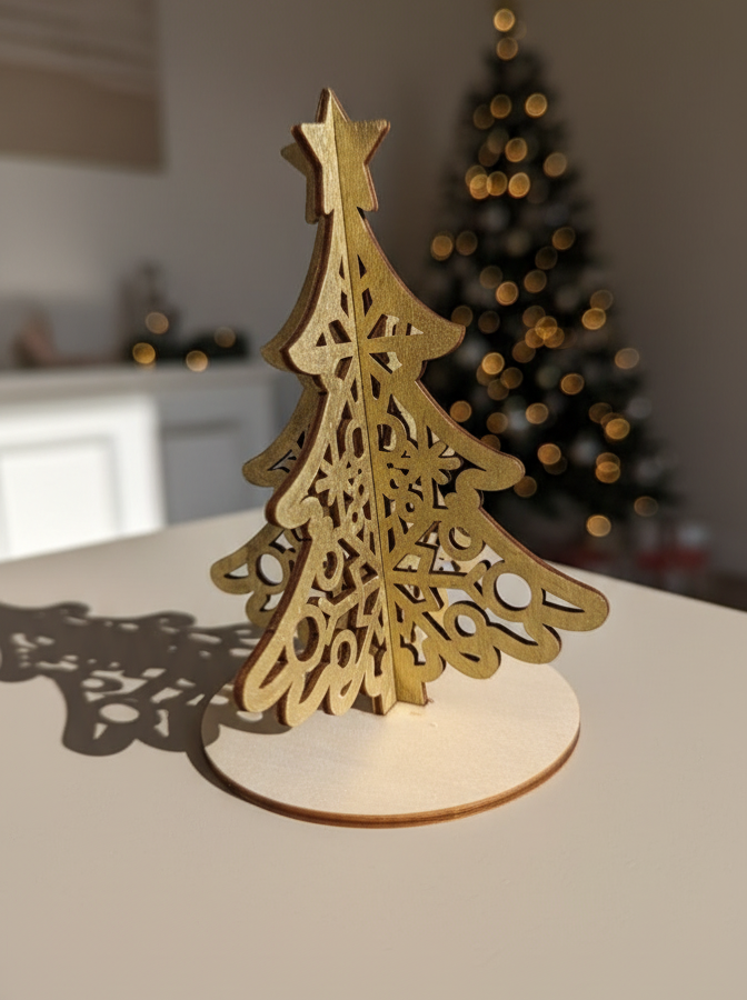 Gold 3DChristmas Tree made out of wood laser cut shelf, desk, table decoration