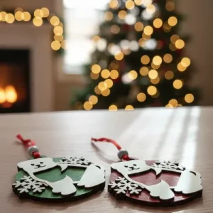 Wooden round dog and snowflake Christmas ornament set on festive background