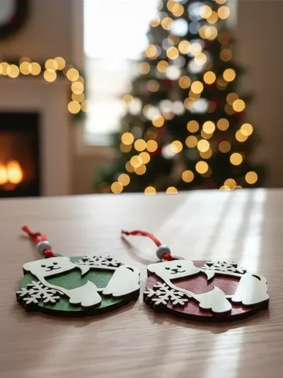Wooden round dog and snowflake Christmas ornament set on festive background
