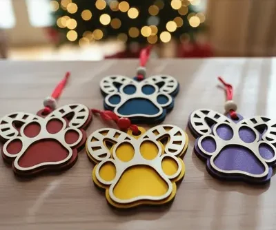 Wooden paw print Christmas ornament with festive details on white background
