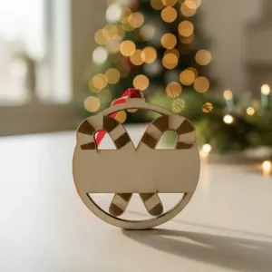 Blank wooden candy cane Christmas ornament ready for personalization on festive background