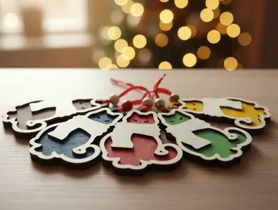 Wooden cat Christmas ornament with festive details on white background