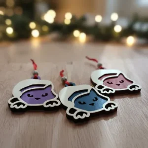 Wooden round cat head Christmas ornament set on festive background