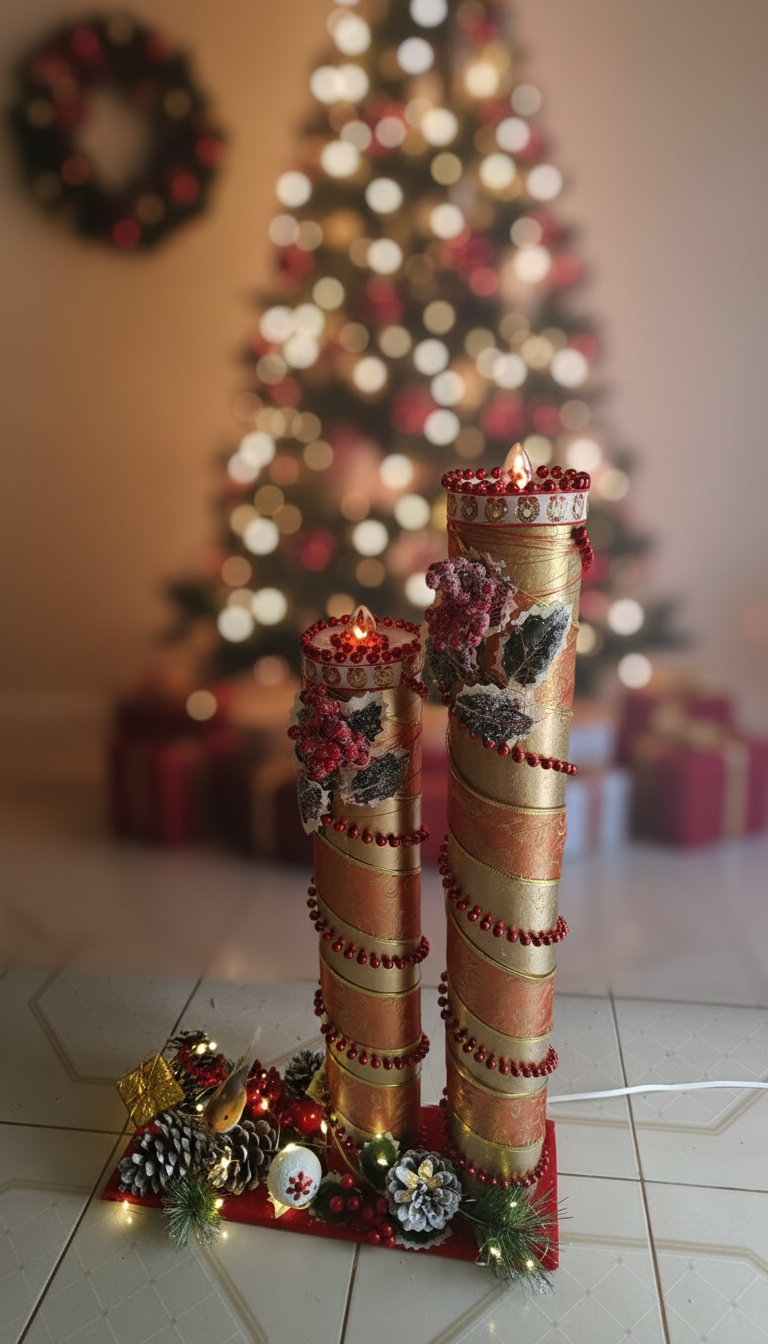 Handmade decorative Christmas candle holders with metallic finish and festive embellishments
