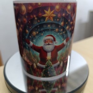 Ceramic mug with colorful Christmas scene featuring Santa and a decorated Christmas tree
